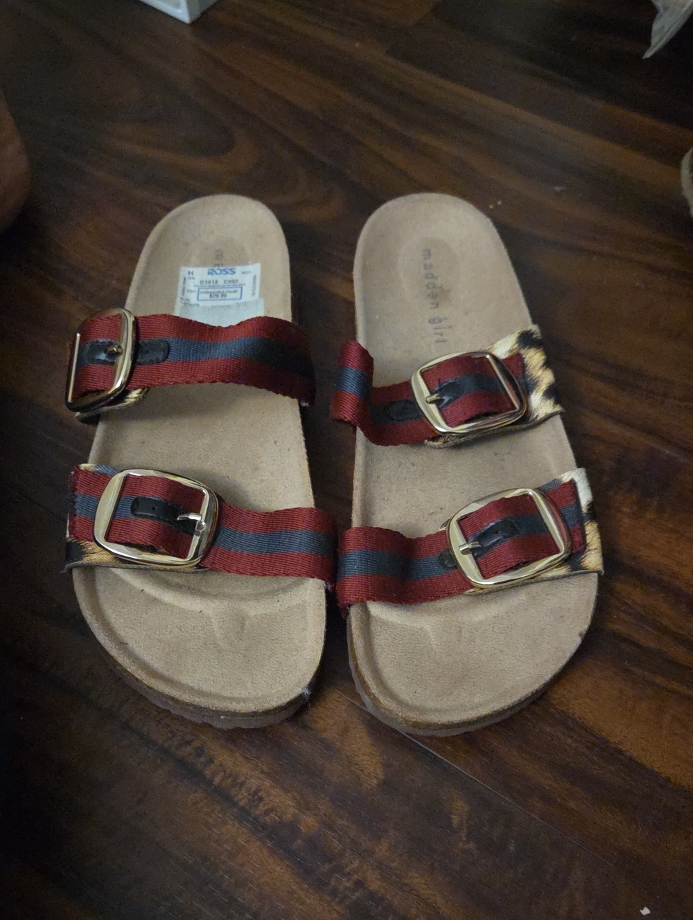Madden Girl Red and Black Striped Buckle Slide Sandals with Leopard Accents